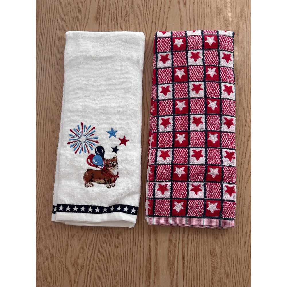New Bundle 2 Corgi Doggie🐕 Patriotic American🇺🇸Flag KitchenTowels 100% Cotton